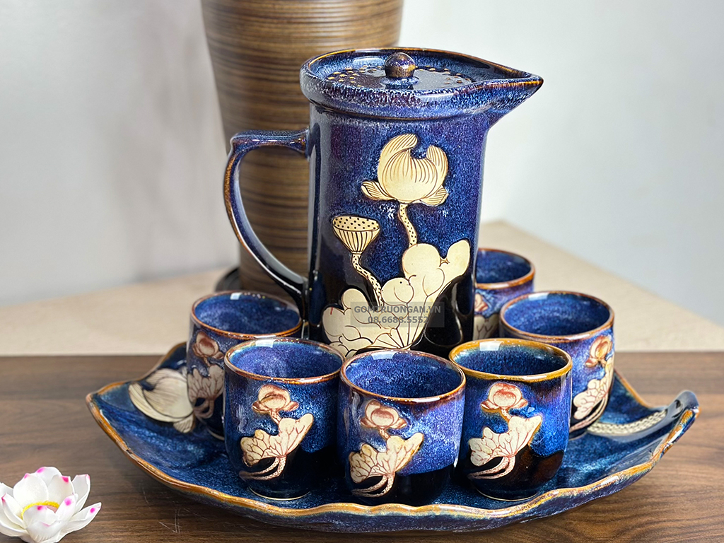 Bộ bình nước men hỏa biến xanh vẽ sen hàng nghệ nhân 1,5L cao cấp Bát Tràng 7